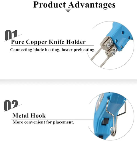 Product advantages of the 200W Electric Hot Knife Foam Cutter, highlighting pure copper knife holder and metal hook features.