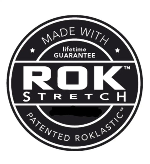 Logo for adjustable pack straps with patented ROK stretch, lifetime guarantee, secure backpacks and bikes without damaging.