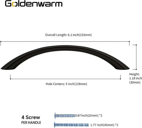 5-Inch Curved Cabinet Handles Black Drawer Pulls for Dressers and Kitchens Solid Zinc Alloy 10 Pack Includes Screws dimensions