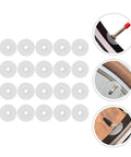 30 Pack Heavy Duty Mountain Bike Valve Stem Pads For Hella Secure Seals And Zero Leaks Quick Swap Tubeless Tire Guard Kit For Sick Rides And Badass Trail Grip, white pads laid out for use on bike wheels.
