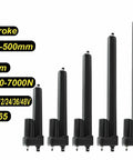 Tough As Nails Linear Actuator For Solar Trackers With IP65 Weatherproof Housing, five sizes shown, stroke 50-500mm, delivers 300-7000N.