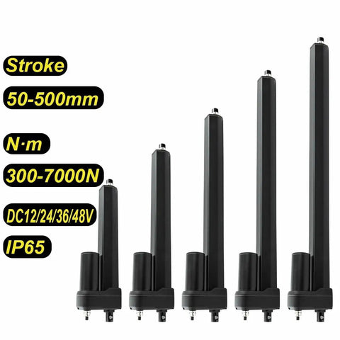 Tough As Nails Linear Actuator For Solar Trackers With IP65 Weatherproof Housing, five sizes shown, stroke 50-500mm, delivers 300-7000N.