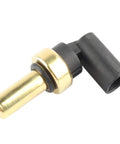Coolant temperature sensor (ECT) with brass probe and black plastic electrical connector, side view.