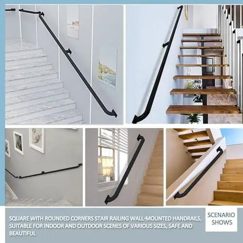 Premium Black Metal Stair Handrail With Heavy Duty Wrought Iron Brackets For Indoor And Outdoor Use Rock Solid Safety Railing showing various installations.