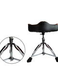 Road Ready Foldable Drum Throne With Chrome Motorcycle Style Base, quick set height lever, waterproof padded seat view of base and seat.