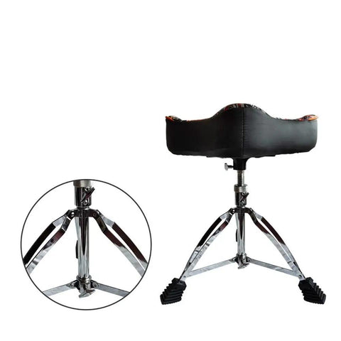 Heavy Duty Foldable Drum Throne With Rock Solid Chrome Frame 5 Position Height Adjust Waterproof Pu Leather Seat shown from the back and side.