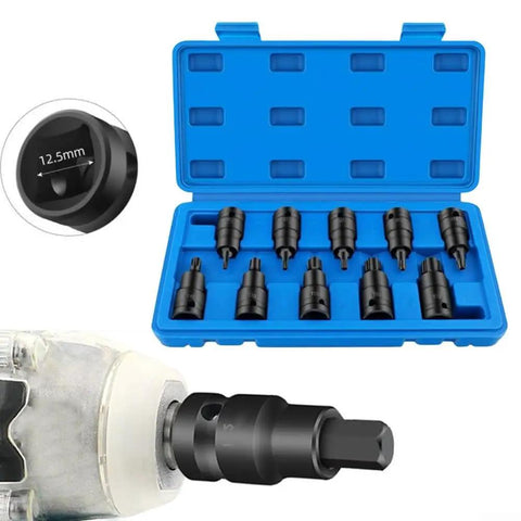 Cool 10-Piece Torx Socket Adapter Set With T20 To T70 Bits For Your 1/2 Inch Impact Wrench. 12.5mm black chrome vanadium adapters in blue case