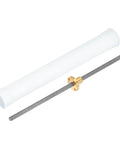 200mm TR6X1 lead screw with nut, 1mm pitch, stainless steel rod, brass nut, shown with white plastic packaging tube