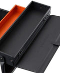Open Portable Metal Tool Box With 3 Level Fold Out Cantilever Organizer showing empty trays, heavy duty steel frame visible.