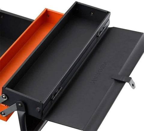 Open Portable Metal Tool Box With 3 Level Fold Out Cantilever Organizer showing empty trays, heavy duty steel frame visible.