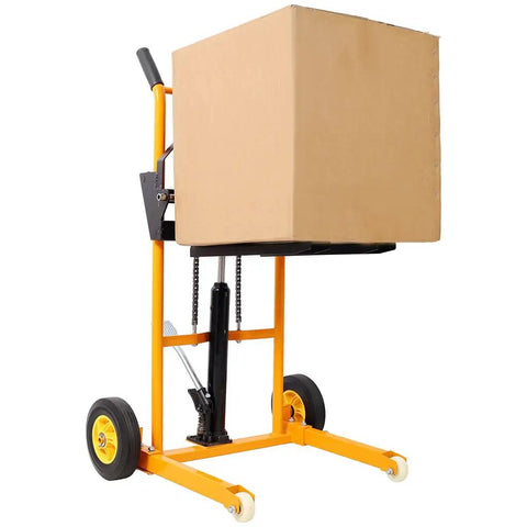 Heavy Duty Hydraulic Manual Lift Stacker With 440 Lb Capacity And Adjustable Forks lifting a cardboard box.
