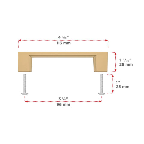Armadale Collection Champagne Bronze Modern Rectangular Cabinet And Drawer Pull Handle Center To Center 96 mm with size details.