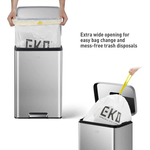 Matte Stainless Steel Step Trash Can With Hands Free Foot Pedal And Inner Liner 50 Liter 13.2 Gallon Fingerprint Resistant Finish Soft Close Lid For Home Office Kitchen, showing wide opening with trash bag