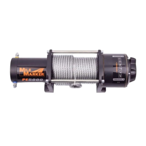 Mile Marker PE5000 UTV winch side view with 1/4 in x 79 ft steel cable, 5,000 lb pull, 3-stage gear, 3.8 HP PM motor