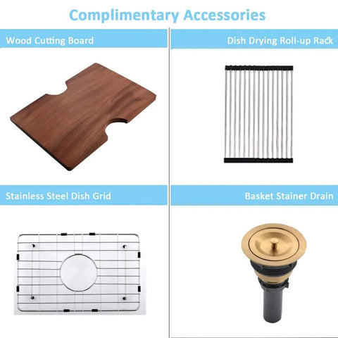 Complimentary accessories including wood cutting board, dish drying roll-up rack, stainless steel dish grid, and basket strainer drain