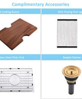 Undermount Bar Sink 13x15 accessory set featuring wood cutting board, dish drying rack, stainless steel grid, and basket strainer drain.