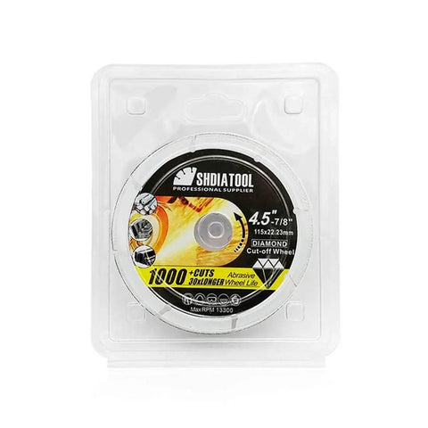 Diamond Cut Off Wheel For Metal Cutting Four And One Half Inch With Seven Eighths Inch Arbor One Point Four Millimeter Kerf displayed in packaging