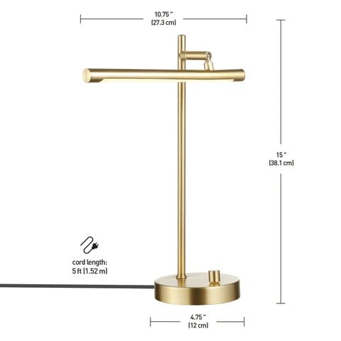West 15 Inch LED Integrated Desk Lamp In Matte Brass with 200 Lumens Dimmer Rotary Switch and Pivoting Head side view