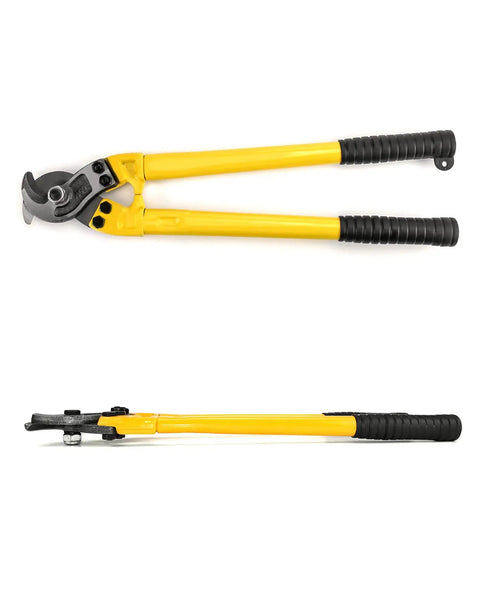 Beefy 18 Inch Heavy Duty Hardened Cable Cutter For Cutting Steel Wire Rope, ergonomic handle, side and front view