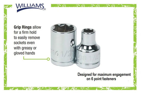 20-Piece Three Eighth Inch Drive Metric Shallow 6 Point Socket Set With SUPERTORQUE Lobular Openings for Maximum Turn, shown with grip rings.