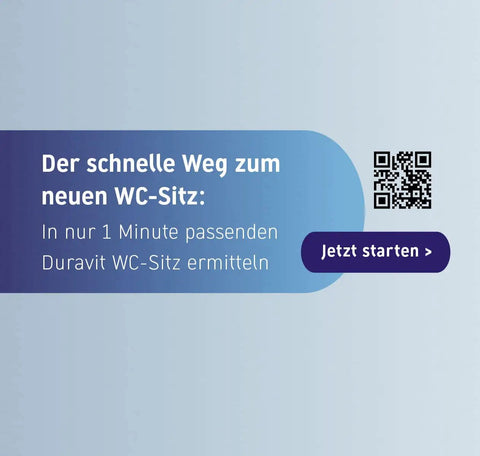 Promotional image with text 'Der schnelle Weg zum neuen WC-Sitz' and QR code for Starck 3 Toilet Seat White High Gloss With Soft Close Lid.