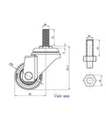 Smooth Rollin 1 Inch Swivel Caster Wheels With Hella Tough Soft Rubber TPE Build M6x15mm Threaded Stem dimensions illustration