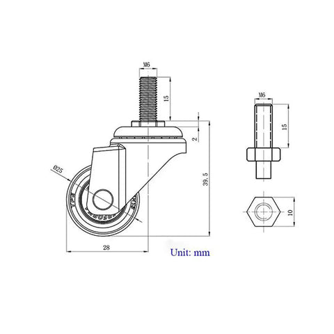 Smooth Rollin 1 Inch Swivel Caster Wheels With Hella Tough Soft Rubber TPE Build M6x15mm Threaded Stem dimensions illustration