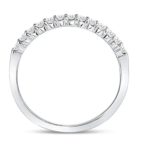 Premium 14k White Gold Round Diamond Wedding Band Ring For Women With A Clean Machine Set Look from the side angle.