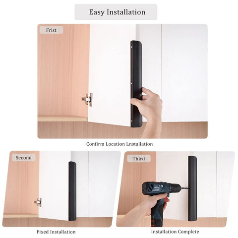 Step-by-step installation of Edge Black Finger Pulls for Cabinets Concealed Back Mount Drawer Handles on white cabinet.