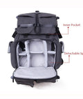 Open Waterproof DSLR Camera Backpack With Padded Twin Straps Thickened Build Durable Canvas showing inner pocket and detachable sponge compartments