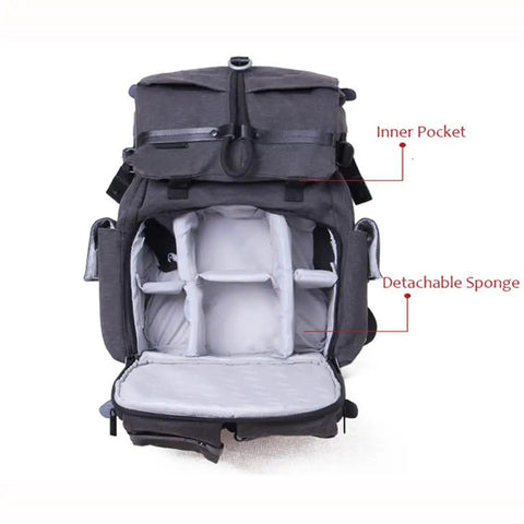 Open Waterproof DSLR Camera Backpack With Padded Twin Straps Thickened Build Durable Canvas showing inner pocket and detachable sponge compartments