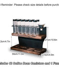 Transform Your Counter Into A Lowkey Essential Coffee Bar With This Badass 2 Tier Organizer Stand Built On Solid Wood And Carbon Steel Frame Holds 12 Airtight Bean Canisters One Way Valves Plus Pour Funnel image showing two tier coffee organizer with canisters.
