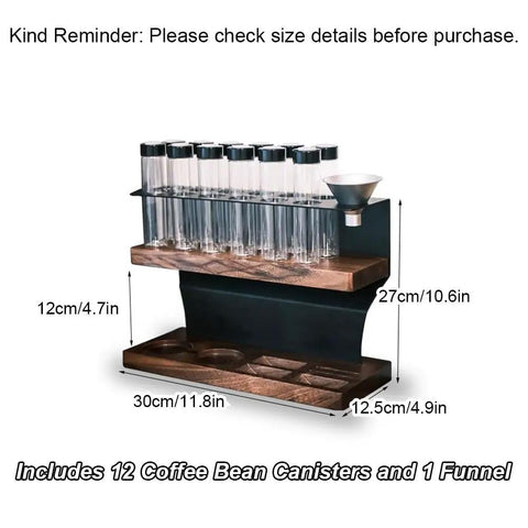 Transform Your Counter Into A Lowkey Essential Coffee Bar With This Badass 2 Tier Organizer Stand Built On Solid Wood And Carbon Steel Frame Holds 12 Airtight Bean Canisters One Way Valves Plus Pour Funnel image showing two tier coffee organizer with canisters.
