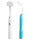 Two Pack LED Lighted Dental Mirrors For Self Check And Oral Care With Anti Fog Curved Angle Design, white and blue ABS handles