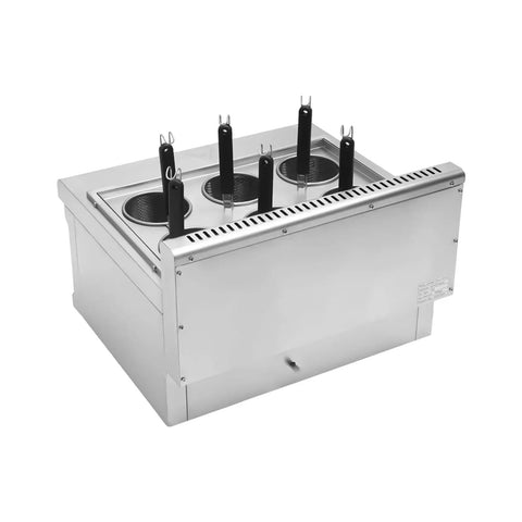 Commercial Stainless Steel Six Hole Gas Pasta Cooker With Hose Low Pressure Valve And Mesh Filters Straight Up Solid Noodle Boiler dumpling prep tank with five wire baskets.