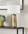 Tall Table Lamp With Brass Finish And White Drum Fabric Shade, 24.5 Inch Tall, on modern living room console