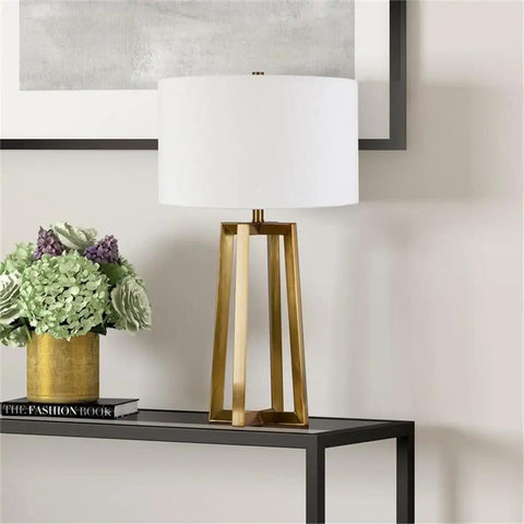Tall Table Lamp With Brass Finish And White Drum Fabric Shade, 24.5 Inch Tall, on modern living room console