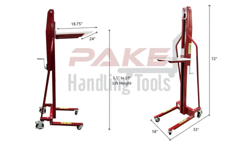 Easy Roll Manual Winch Stacker Work Positioner Lift Truck with details of size and lift height from side view.