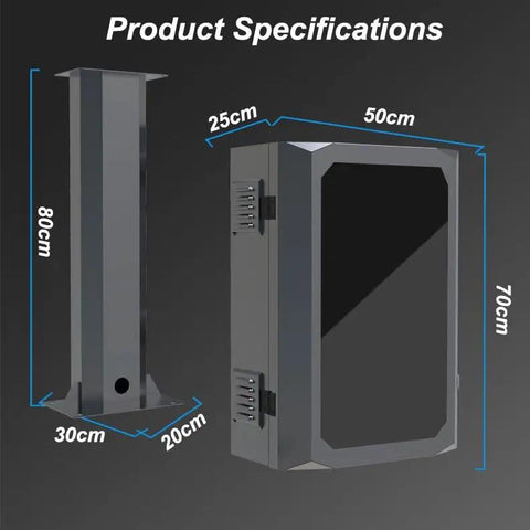 Product specifications for Built Like A Tank EV Charger Pedestal Featuring Drip Proof Galvanized Steel Housing.