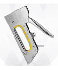 Heavy Duty Industrial Loading Machine Stapler With Adjustable Lever And Push Button Slot For Office Papers Magazines Nails And Hardware Fasteners, side view showing metal design and yellow lever.