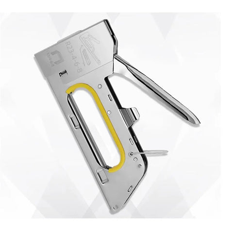 Heavy Duty Industrial Loading Machine Stapler With Adjustable Lever And Push Button Slot For Office Papers Magazines Nails And Hardware Fasteners, side view showing metal design and yellow lever.