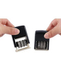 No Sweat Smooth Self Inking Date Roller Stamp With Crisp Adjust Dial held in hands, showcasing rugged ABS alloy frame and adjustable rollers.