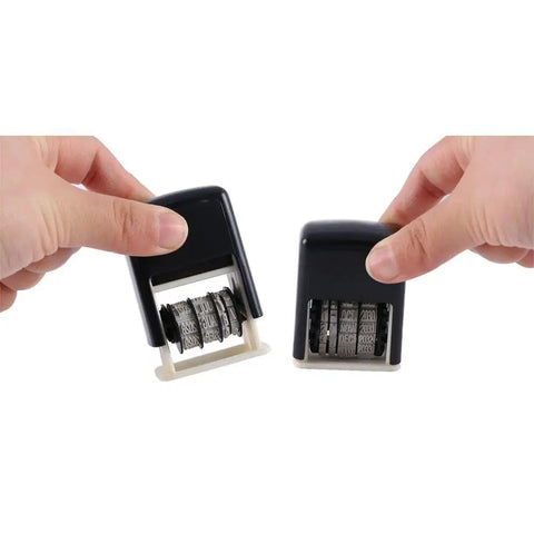 No Sweat Smooth Self Inking Date Roller Stamp With Crisp Adjust Dial held in hands, showcasing rugged ABS alloy frame and adjustable rollers.