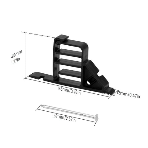 Heavy Duty Multi Cable Clips dimensions with black clips and silver nail, measuring 83x45x12mm for organizing wires.