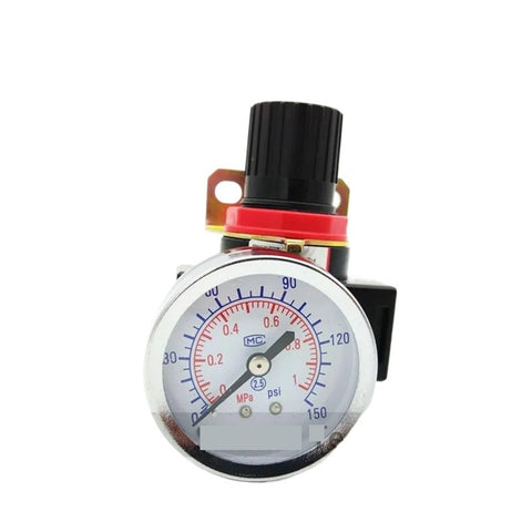 Air Regulator FRL Kit With Gauge 0.05 To 0.85 MPa, Inlet Sizes, front view of pressure gauge and knob in 2 Pack