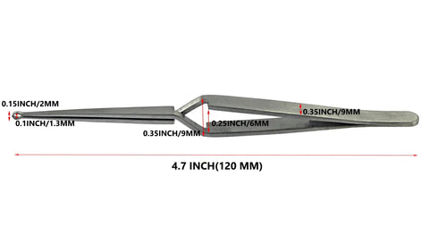 Pro Grade Lock Pinning And Rekeying Tweezers Set With Cross Locking Tips For Locksmiths Stainless Steel, 120mm, side view, dimensions marked