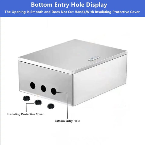 Weatherproof 304 Stainless Steel Electrical Enclosure Box 20 by 16 by 8 Inches with bottom entry holes and protective cover.