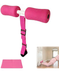 Pink Nordic Curl Strap With Pad for Home Workouts showing adjustable nylon strap, foam pad, and exercise demonstration