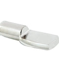 Close-up of Kickass Nickel Plated Steel Shelf Support Pegs, adjustable cabinet hardware for closets and garages.
