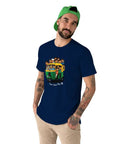 Premium Cotton Unisex T Shirt Featuring Dope Auto Rickshaw Graphic For Super Chill Everyday Vibes Ultra Soft Breathable Fabric In Classic Navy Blue One Size Fits All worn by a man with a green cap.